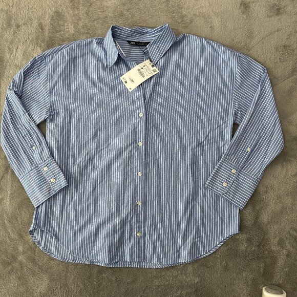 NWT Zara Oversized Striped Poplin Shirt Blue Women's SMALL Button Down Cotton - Picture 1 of 5